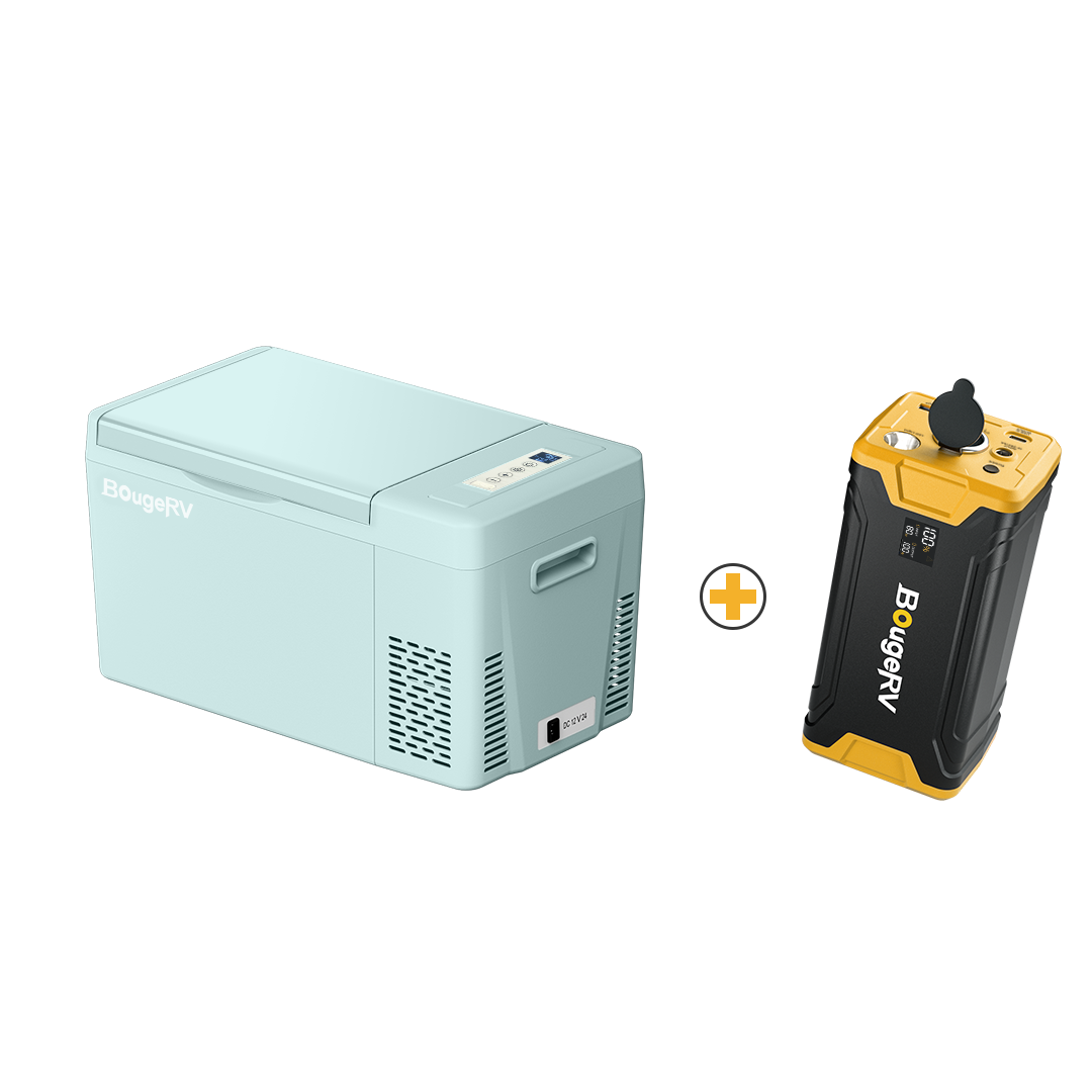 BougeRV mint green mini fridge with battery