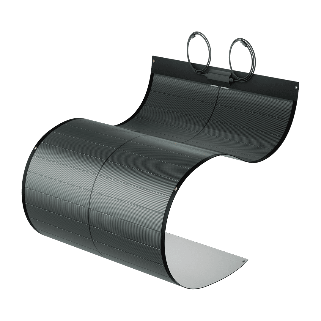 A flexible BougeRV Yuma 100W CIGS thin-film solar panel with pre-punched holes for mounting.