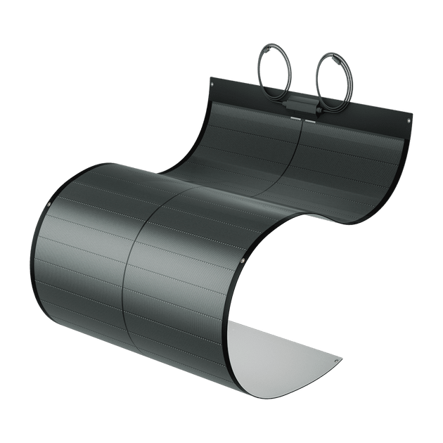 A flexible BougeRV Yuma 100W CIGS thin-film solar panel with pre-punched holes for mounting.