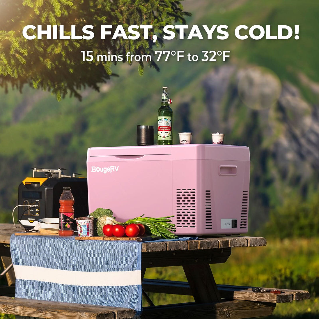 BougeRV pink mini fridge
