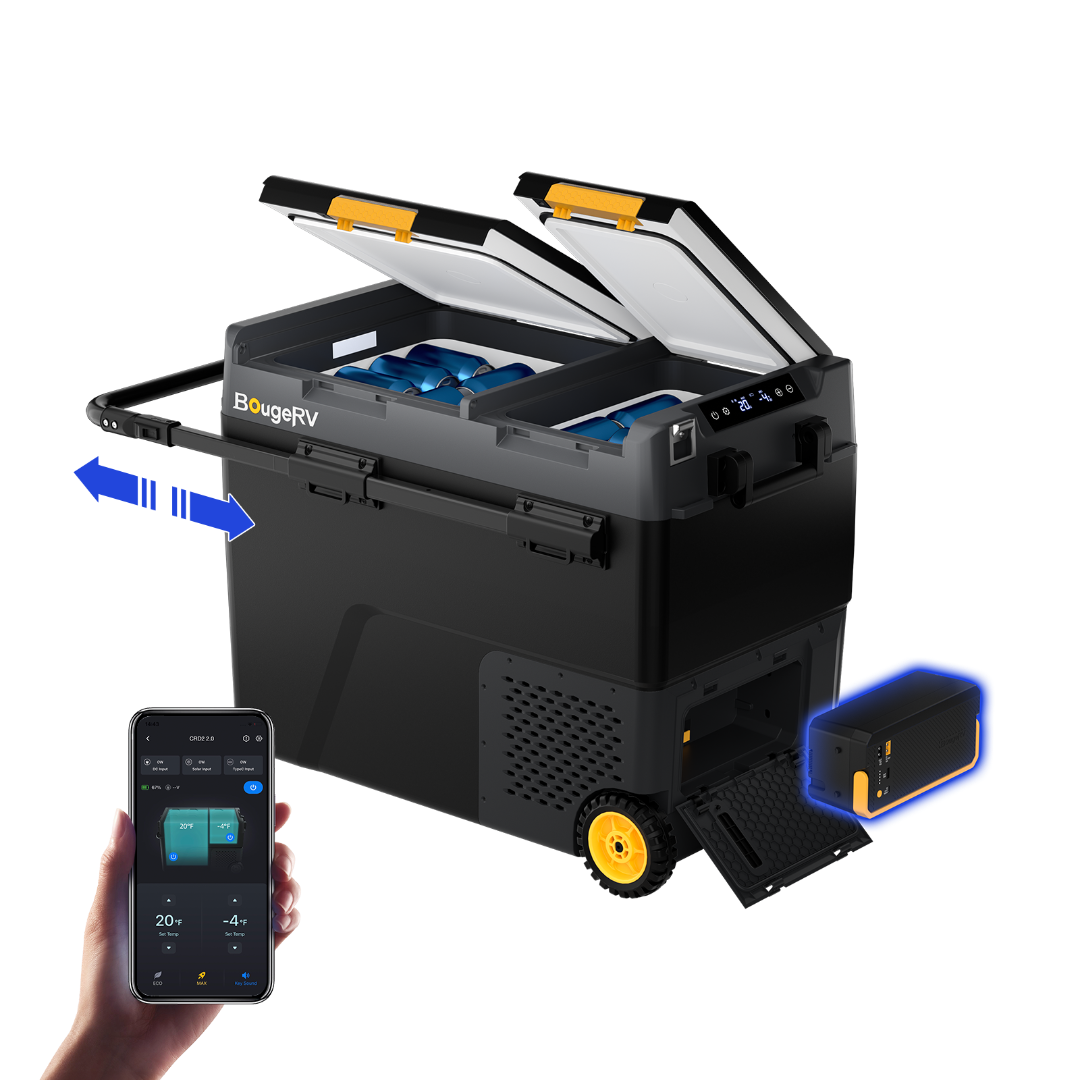 Product photo of BougeRV New CRD2 V2.0 61QT Dual Zone 12V Portable Fridge with 240Wh Battery