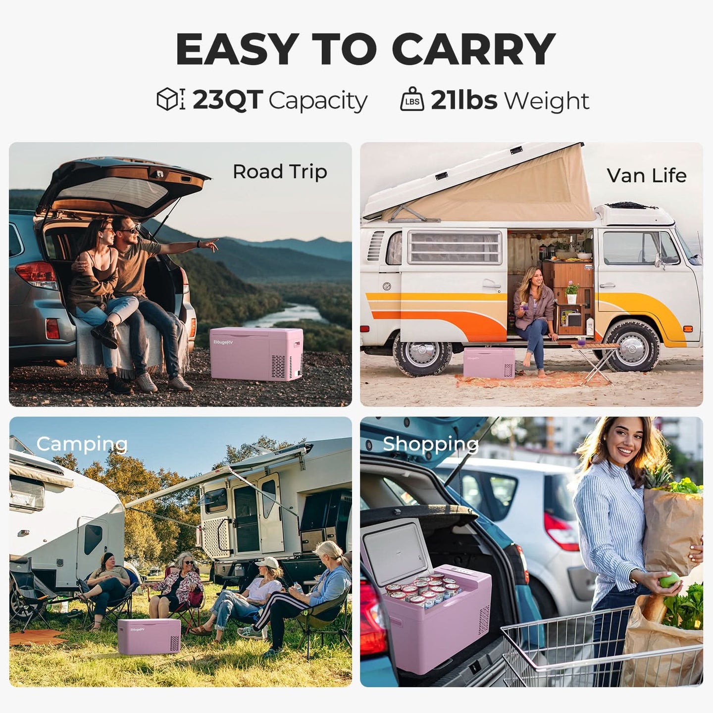 BougeRV pink mini fridge