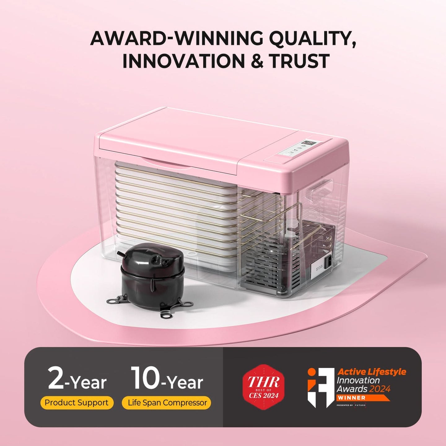 BougeRV pink mini fridge