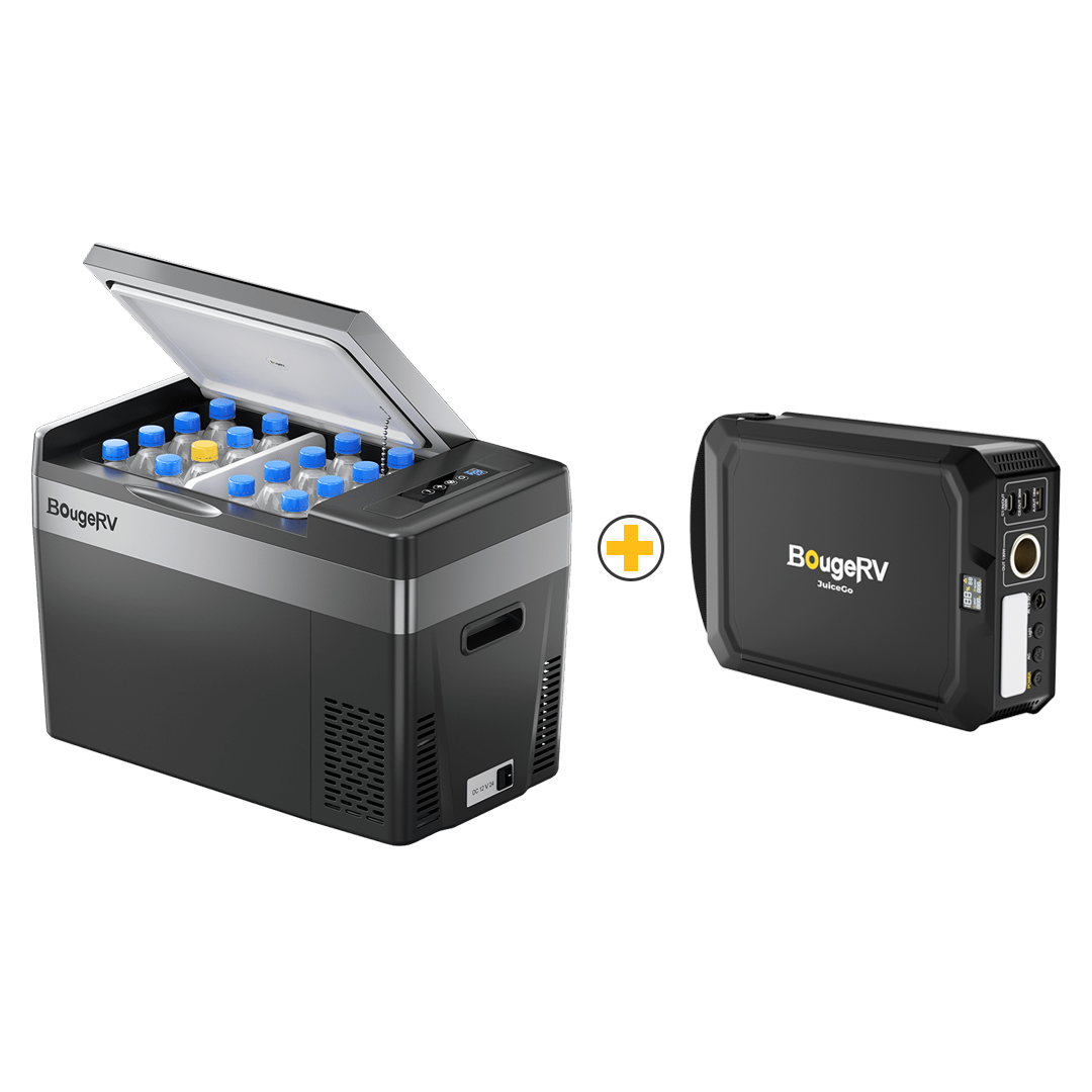 BougeRV 12V Refrigerator Black with JuiceGo 240Wh Portable Power Station