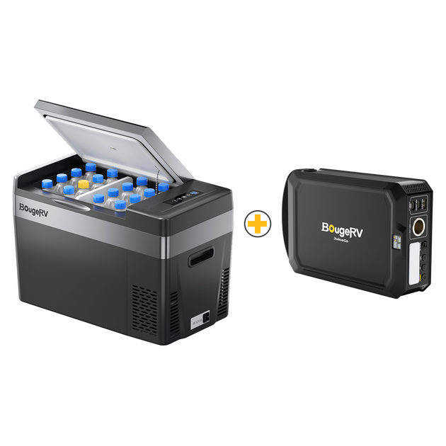 BougeRV 12V Refrigerator Black with JuiceGo 240Wh Portable Power Station