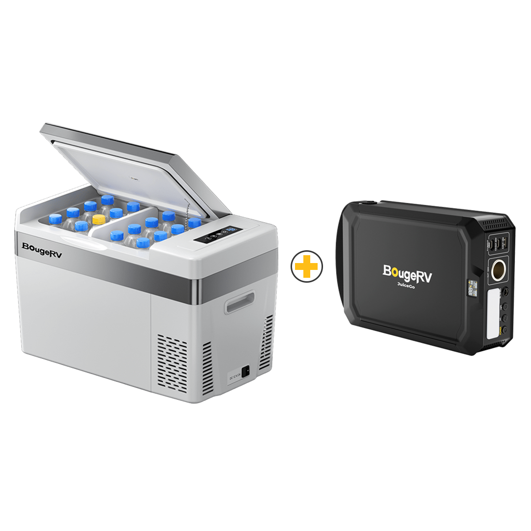 BougeRV 12V Refrigerator with JuiceGo 240Wh Portable Power Station - White