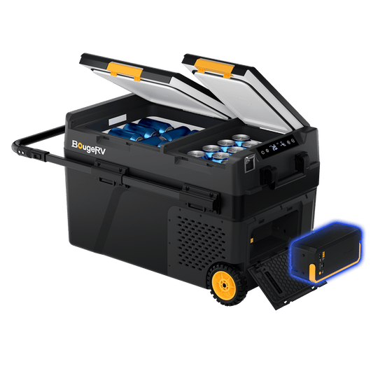 Product photo of BougeRV New CRD2 V2.0 43QT Dual Zone 12V Portable Fridge with 240Wh Battery