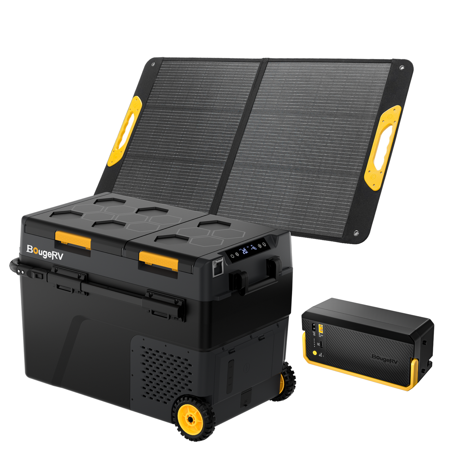 Product photo of BougeRV New CRD2 V2.0 52QT Dual Zone 12V Portable Fridge with 240Wh Battery - 100W Solar Kit