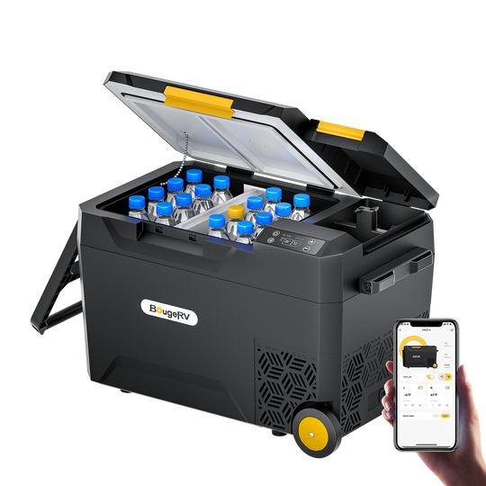 BougeRV portable refrigerator connected to a smartphone