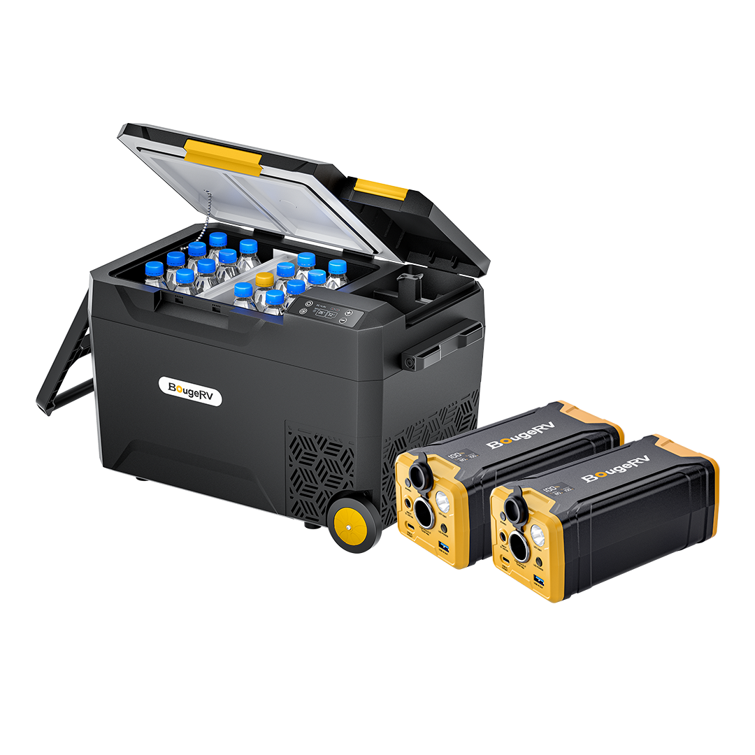 BougeRV CRX2 portable fridge with two batteries