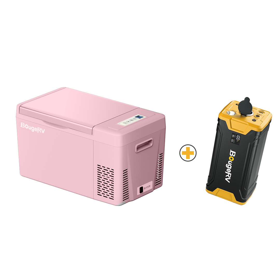 BougeRV pink mini fridge with battery