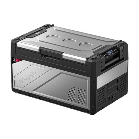 BougeRV Rocky 41QT Dual Zone 12V Portable Fridge with a digital display, front handles, and stainless steel exterior.
