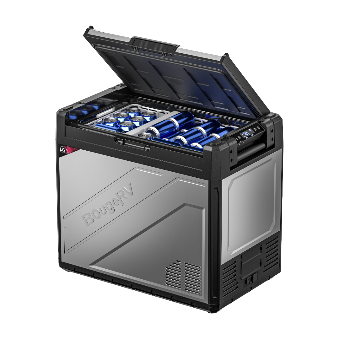 A silver BougeRV Rocky 81QT Dual Zone 12V Portable Fridge with a digital display, front-mounted handle, and vent-like features on the exterior.