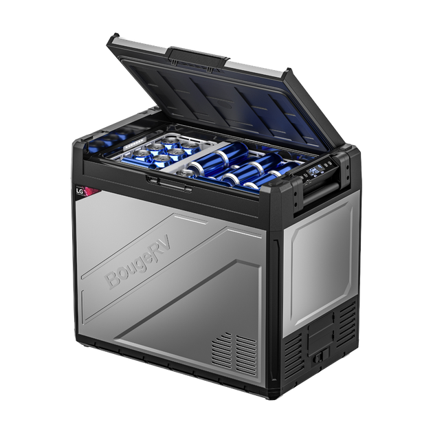 A silver BougeRV Rocky 81QT Dual Zone 12V Portable Fridge with a digital display, front-mounted handle, and vent-like features on the exterior.