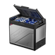 A silver BougeRV Rocky 81QT Dual Zone 12V Portable Fridge with a digital display, front-mounted handle, and vent-like features on the exterior.