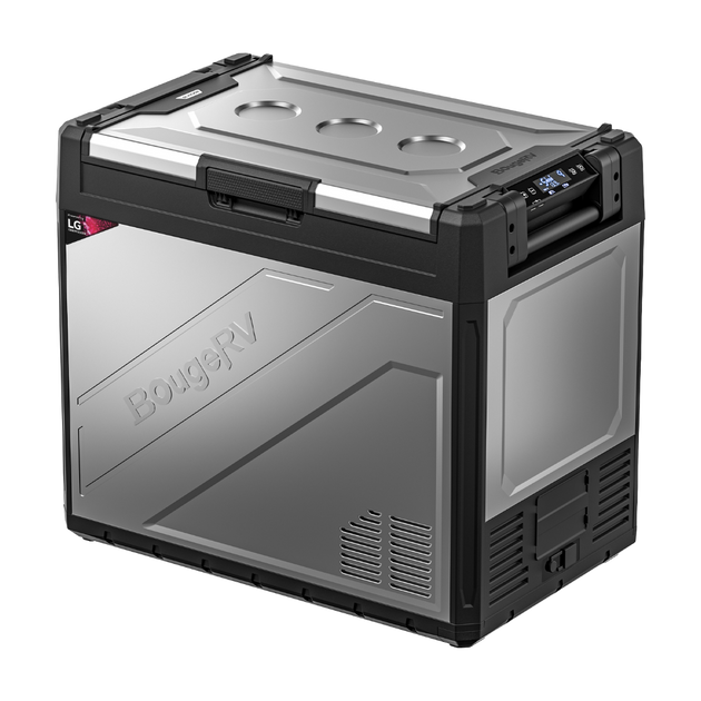 A silver BougeRV Rocky 81QT Dual Zone 12V Portable Fridge with a digital display, front-mounted handle, and vent-like features on the exterior.