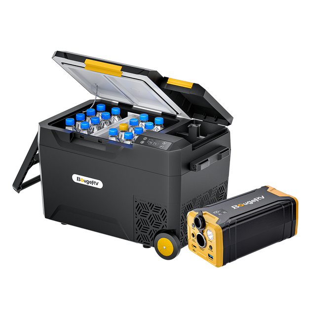 Portable refrigerator with wheels and a power station