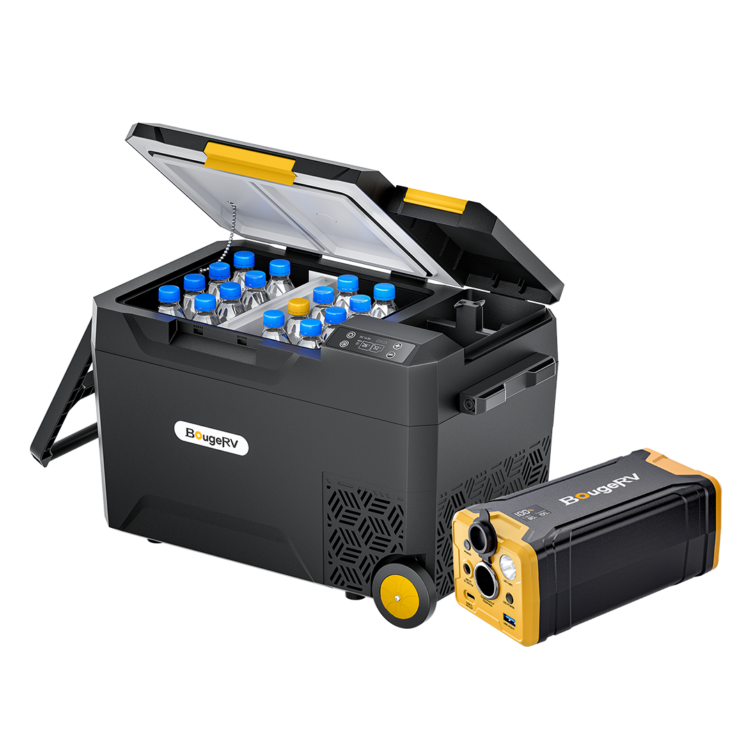 Portable refrigerator with wheels and a power station
