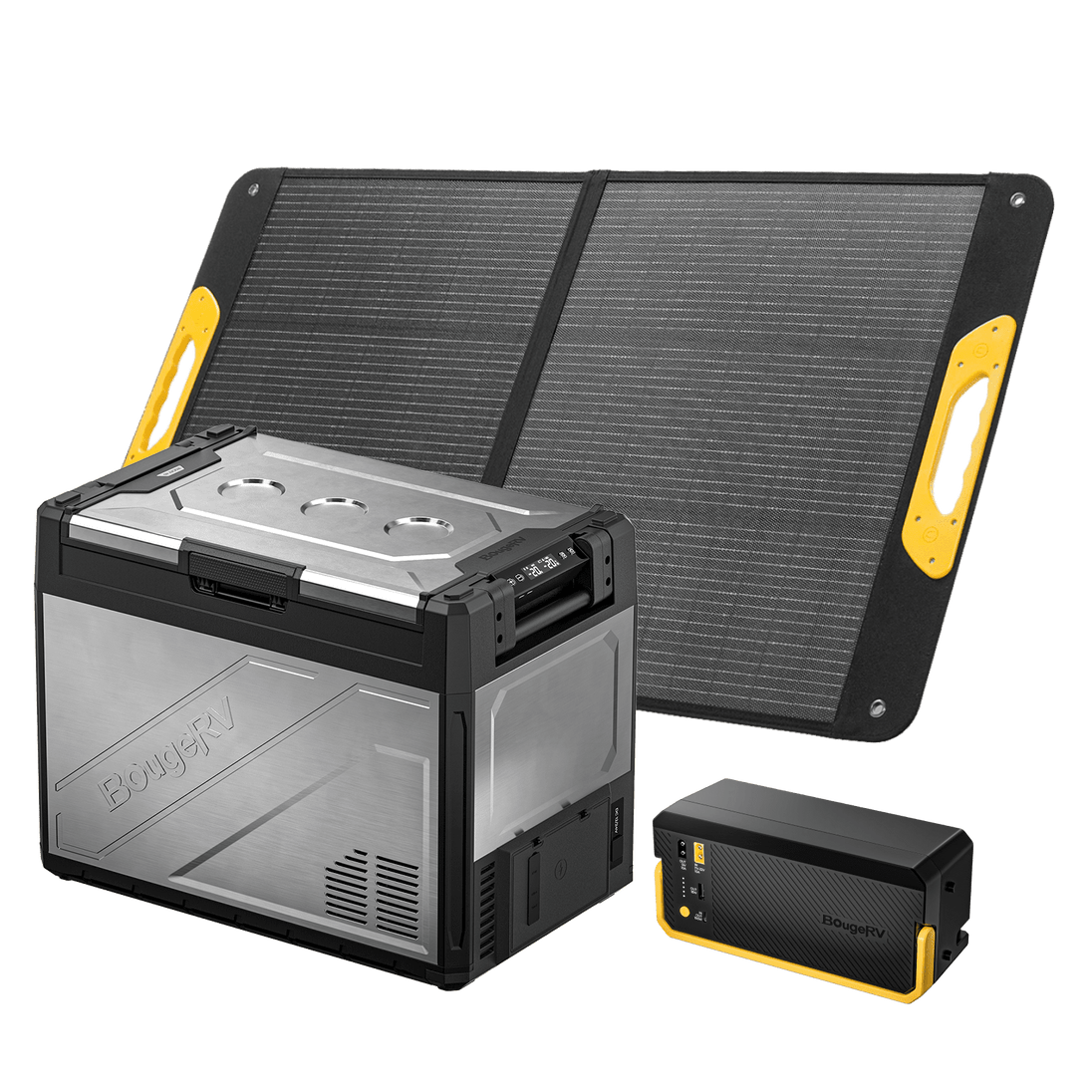 Product photo of BougeRV New Rocky V3.0 69QT Dual Zone 12V Car Fridge with 240Wh Battery - 100W Solar-Powered Fridge Kit