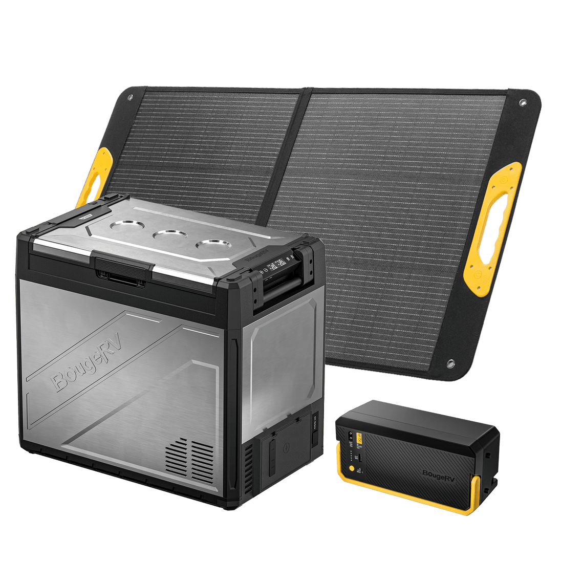 Product photo of BougeRV New Rocky V3.0 81QT Dual Zone 12V Car Fridge with 240Wh Battery - 100W Solar-Powered Fridge Kit