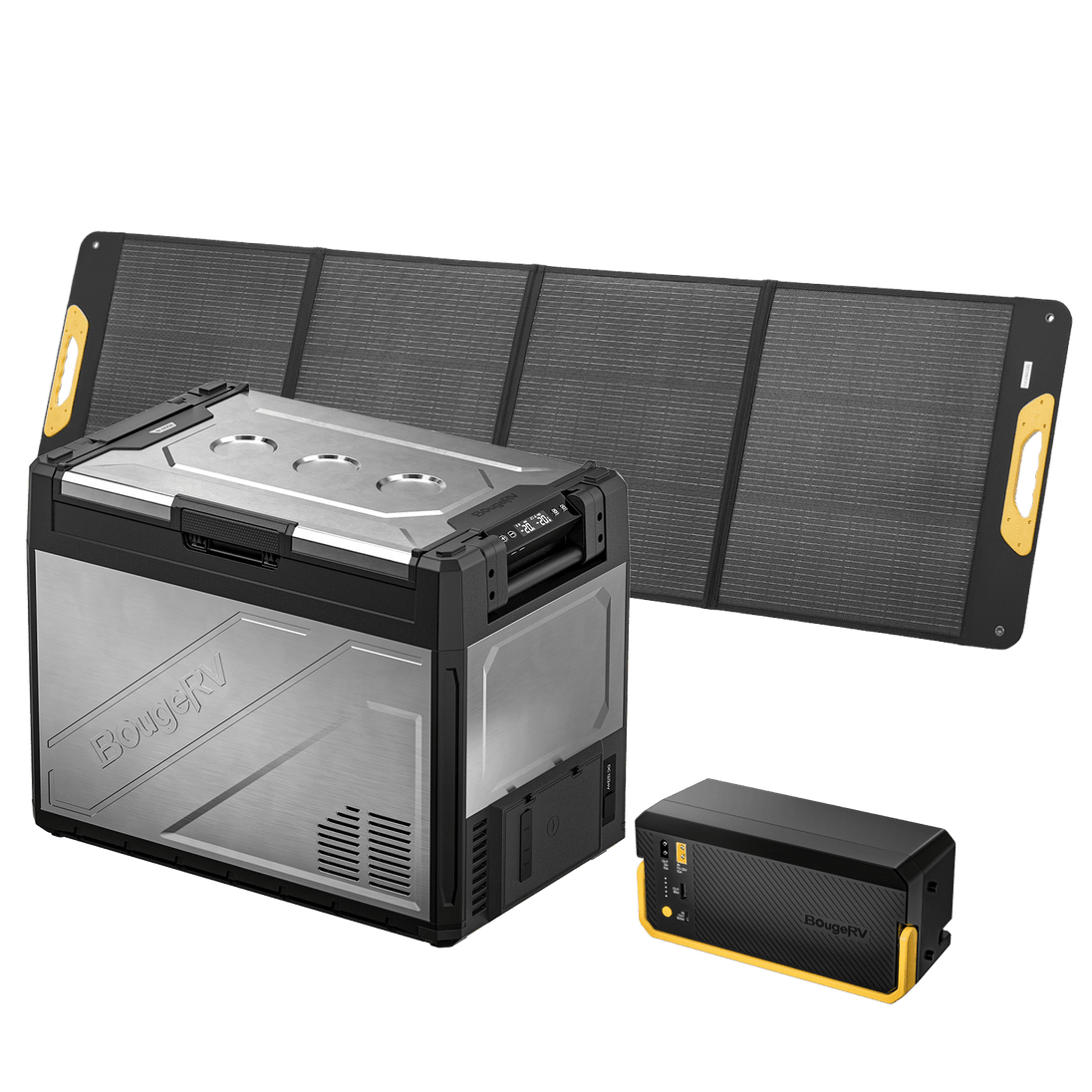 Product photo of BougeRV New Rocky V3.0 69QT Dual Zone 12V Car Fridge - 200W Solar-Powered Fridge Kit